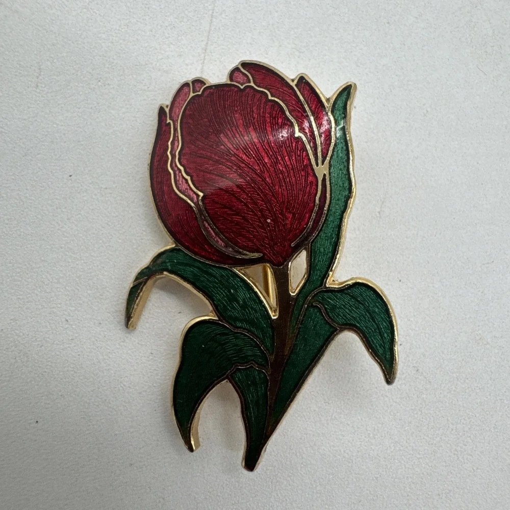 Red Rose Gold Tone Metal Enamel Flower DuBarry Fifth avenue Brooch Pin